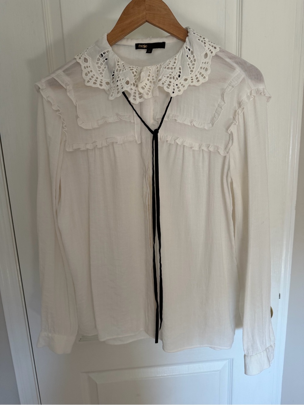 Maje White Eyelet Collar Long-Sleeve Blouse with Black Tie
